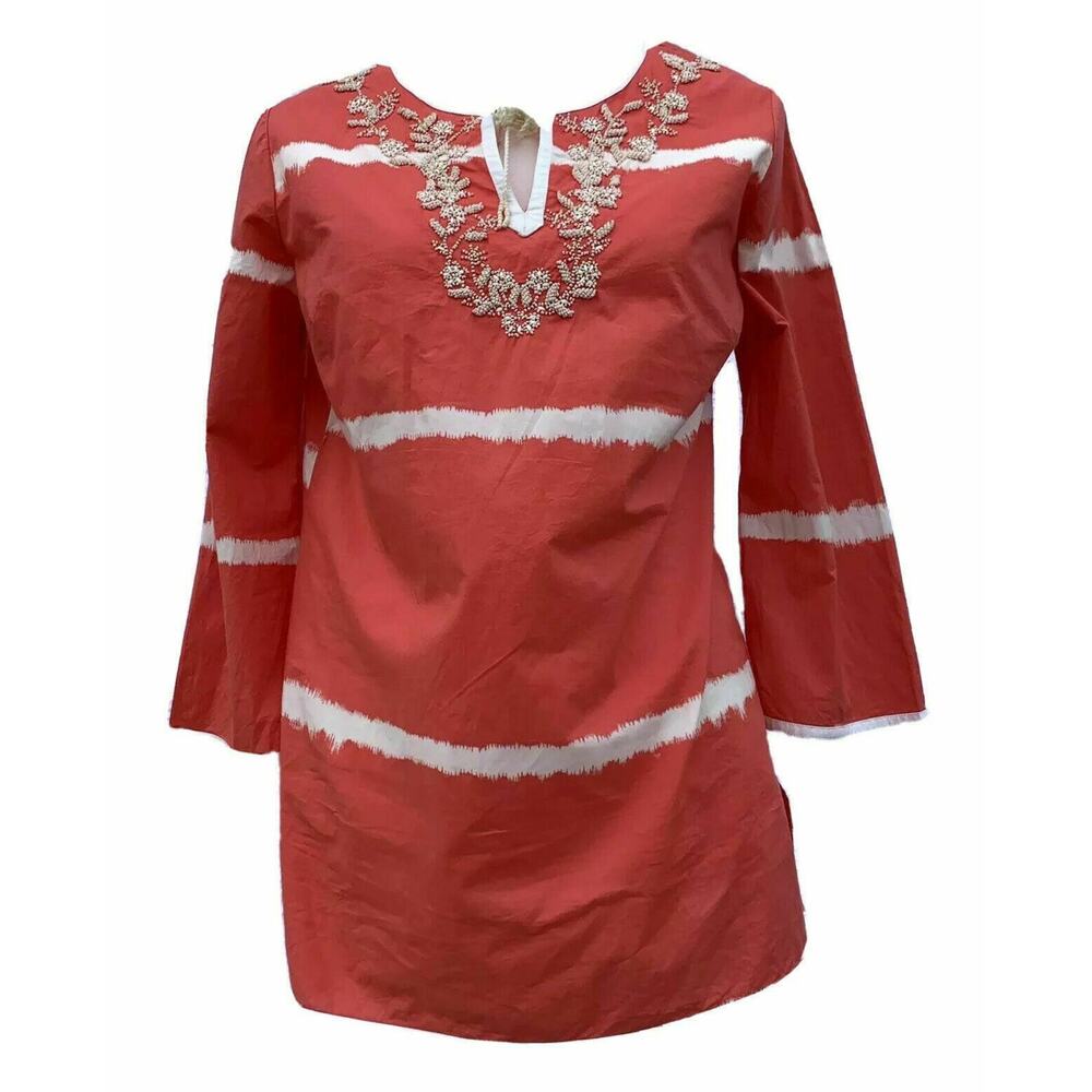 Madison Embellishments Tunic dress Peasant Orange Coral cover up beach sz Small
